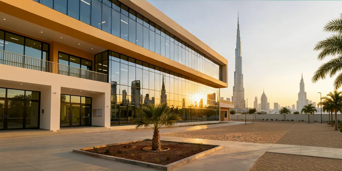 Modern school building with glass facade reflecting the Dubai skyline and Burj Khalifa at sunset
